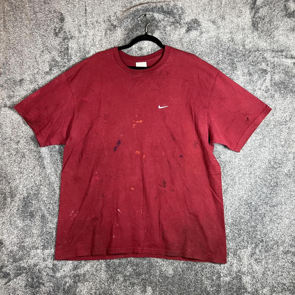 Nike Shirt Mens XL Red Swoosh Logo Paint Stains Distressed Crew Neck 100% Cotton